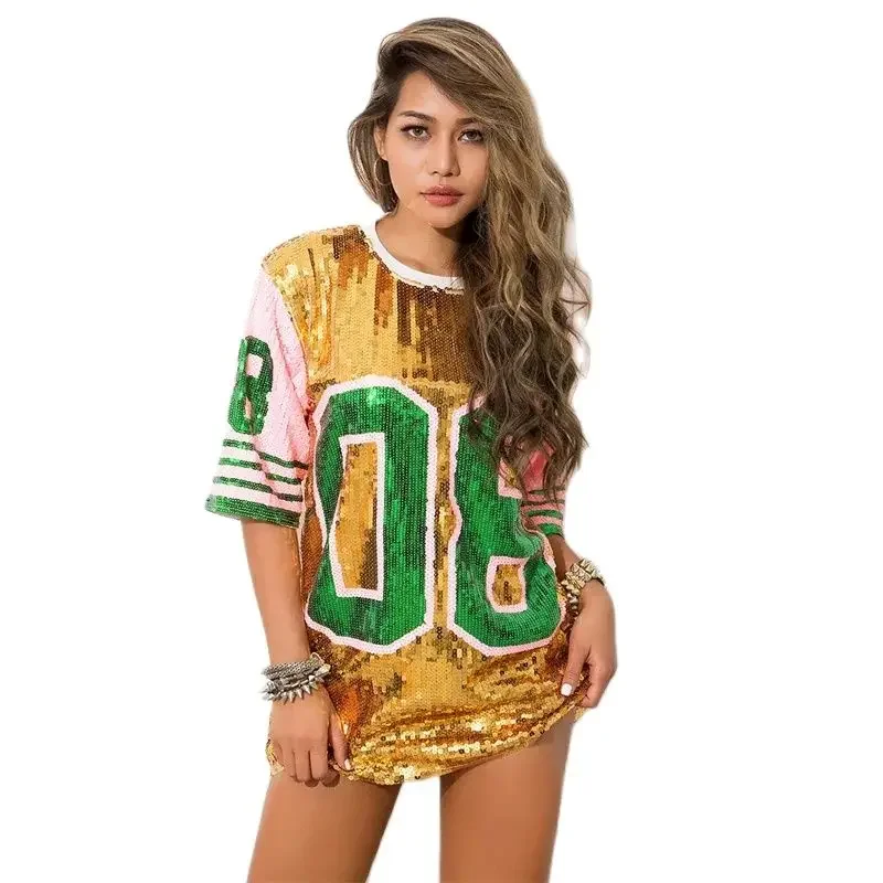 

Women Digital Sequins Splicing Long T-Shirt O Neck Tops Fashion Chic Half Sleeve Tees Cheerleading Uniform Performance Dancewear