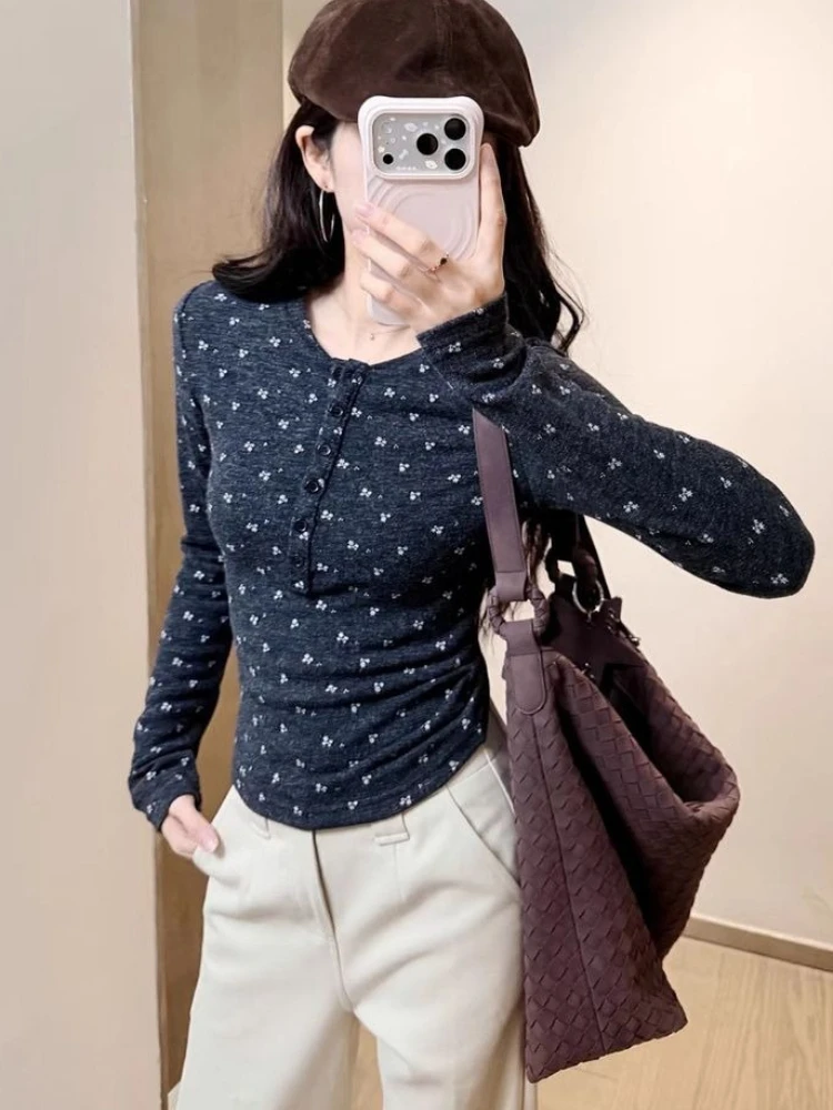 Korean Trendy Sweet Girls Dark Gray Floral Print Long Sleeve Top - Fleece Lined Thermal Shirt Slim Fit Full Sleeve Warm Basic