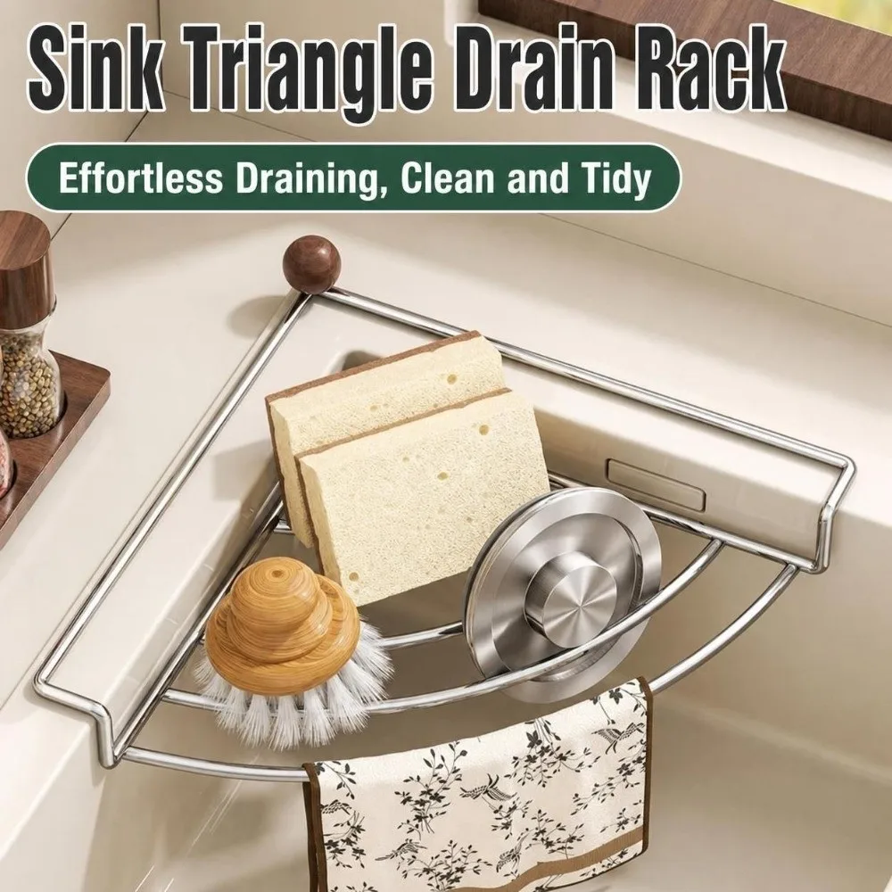 Stainless Steel Sink Drain Rack Thickened Structure No Drill Sponge Holder Triangle Shape Drainage Dish Cloth Holder Dish Drying