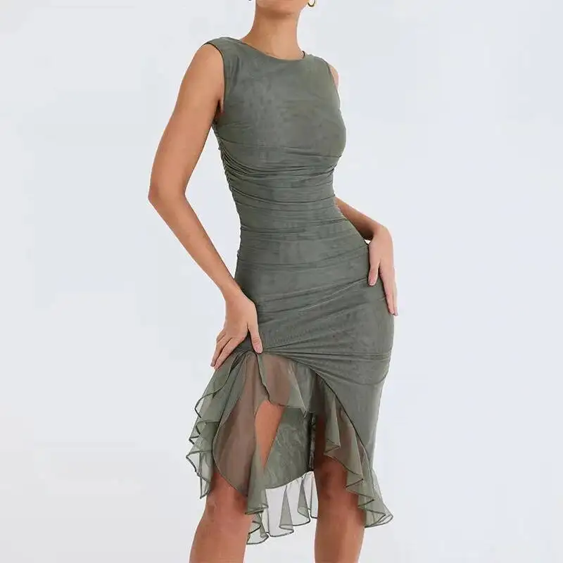 

2026 Summer Elegant Ball Women's Mini Fashion Solid Color Round Neck Sleeveless Sexy Backless Frill Irregular Hem Dress