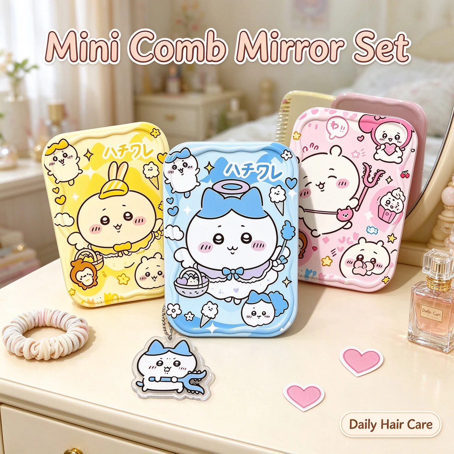 Hot sale Chiikawa Usagi Hachiware Foldable 2in1 Pocket Mirror With Built-in Hair Comb, Portable Travel Cosmetic Mirror Accessory