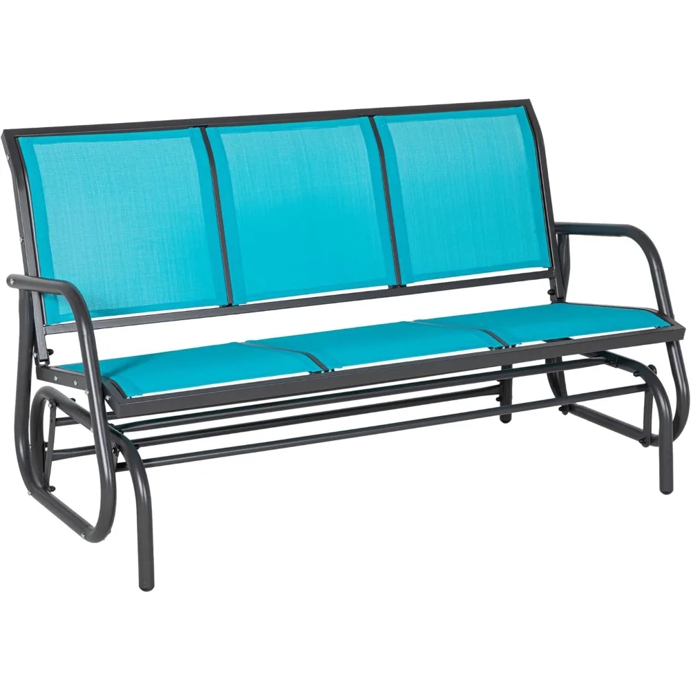 3-Person Patio Glider Bench, Outdoor Porch Glider Swing with 3 Seats, Breathable Mesh Fabric, Metal Frame, Blue