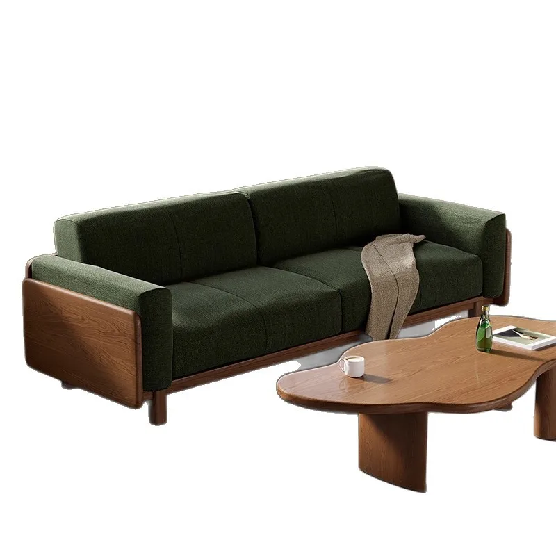 ash wood, cotton and linen fabric straight row double, small apartment exquisite sofa, living room 2025 new light luxury