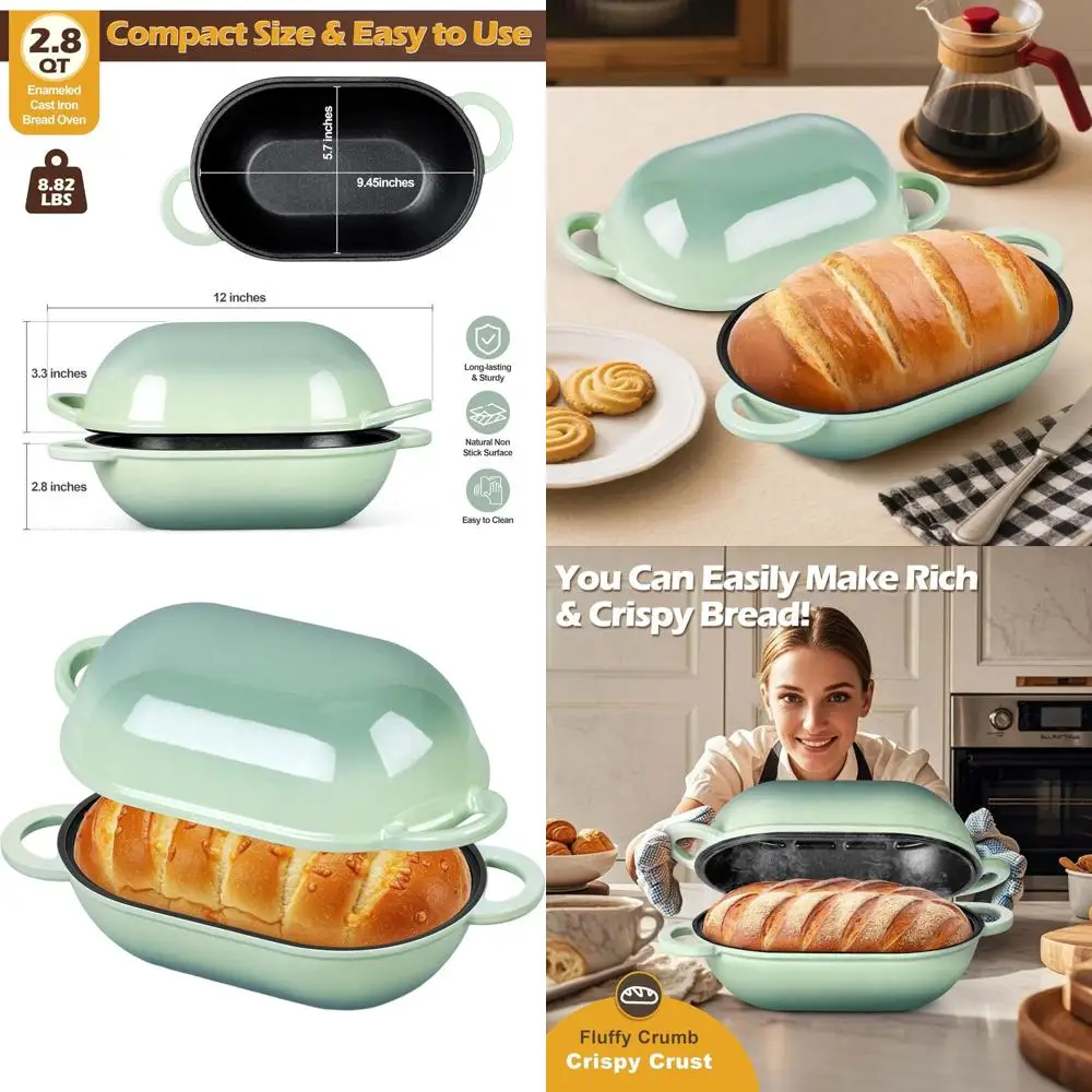 

Oval Enamel Cast Iron Bread Baker, 2.8-Quart Pistachio Green Dutch Oven with Lid for Sourdough and Roasting