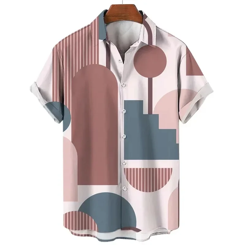 Men's Shirt Bauhaus Geometric Shape Print Short Sleeve Turn Down Collar Loose Summer Street Casual Tops Mens Clothing