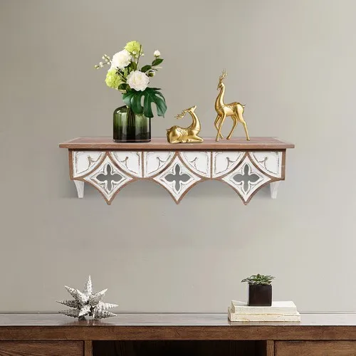 

Vintage Wall Shelf with Carved Patterns, Antique White & Wood Display Shelf, 11lbs Capacity Floating Shelf for Living Room