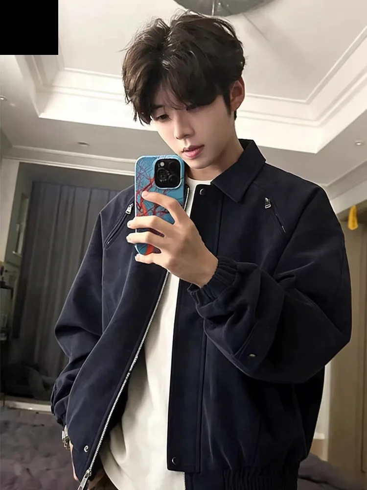 

Blue Double Zipper Biker Leather Jaet Men's Spring American Retro Dyed Workwear Jaet Stand Collar Baseball orm