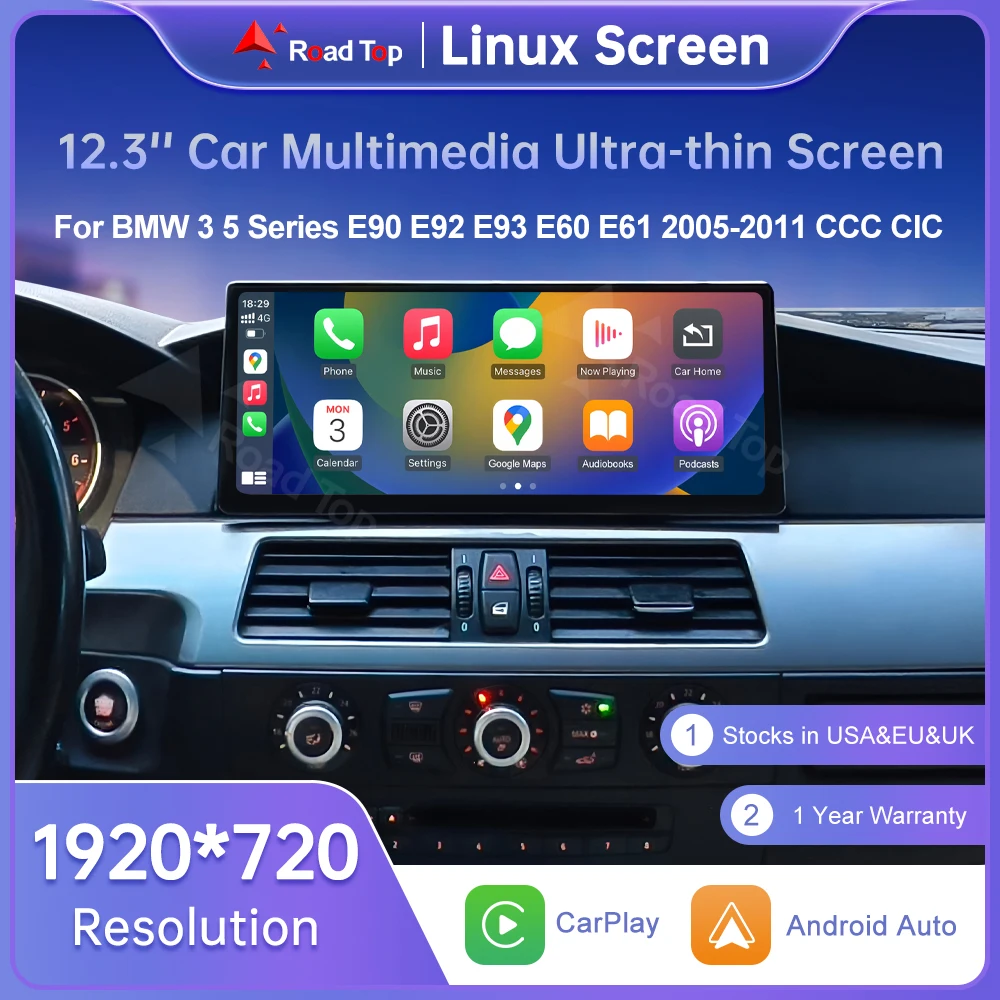 12.3Inch Ultra Thin Touch Screen For BMW 3 Series E90/E91/E92/E93 5 Series E60 E61 E63 CCC/CIC Wireless CarPlay Display Radio