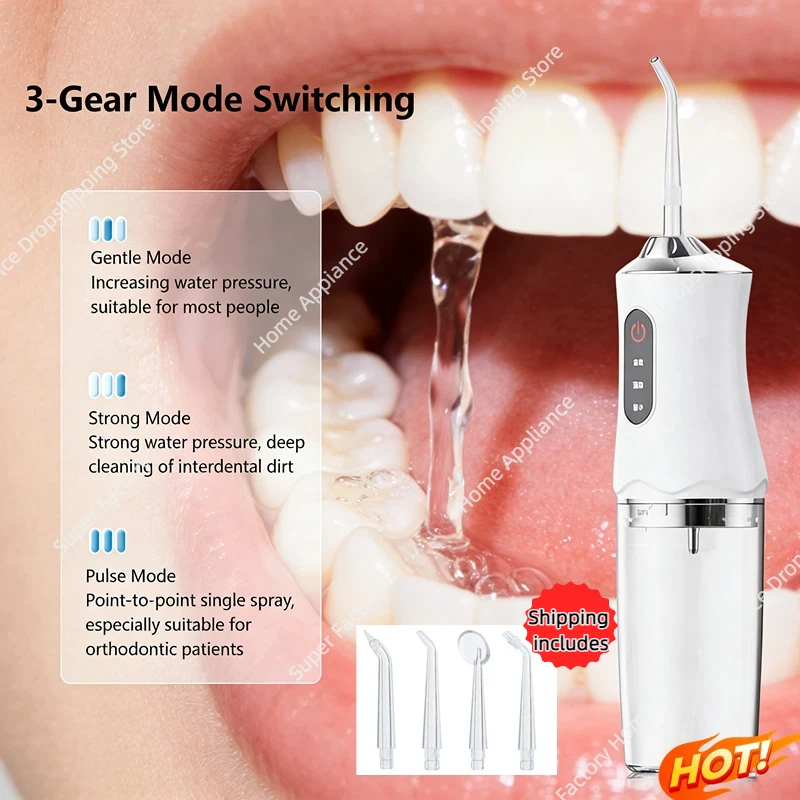 

Портативный ирригатор для полости рта с 4 насадками, USB-зарядка, 220 мл, 3 режима, IPX7, 1400 об/мин