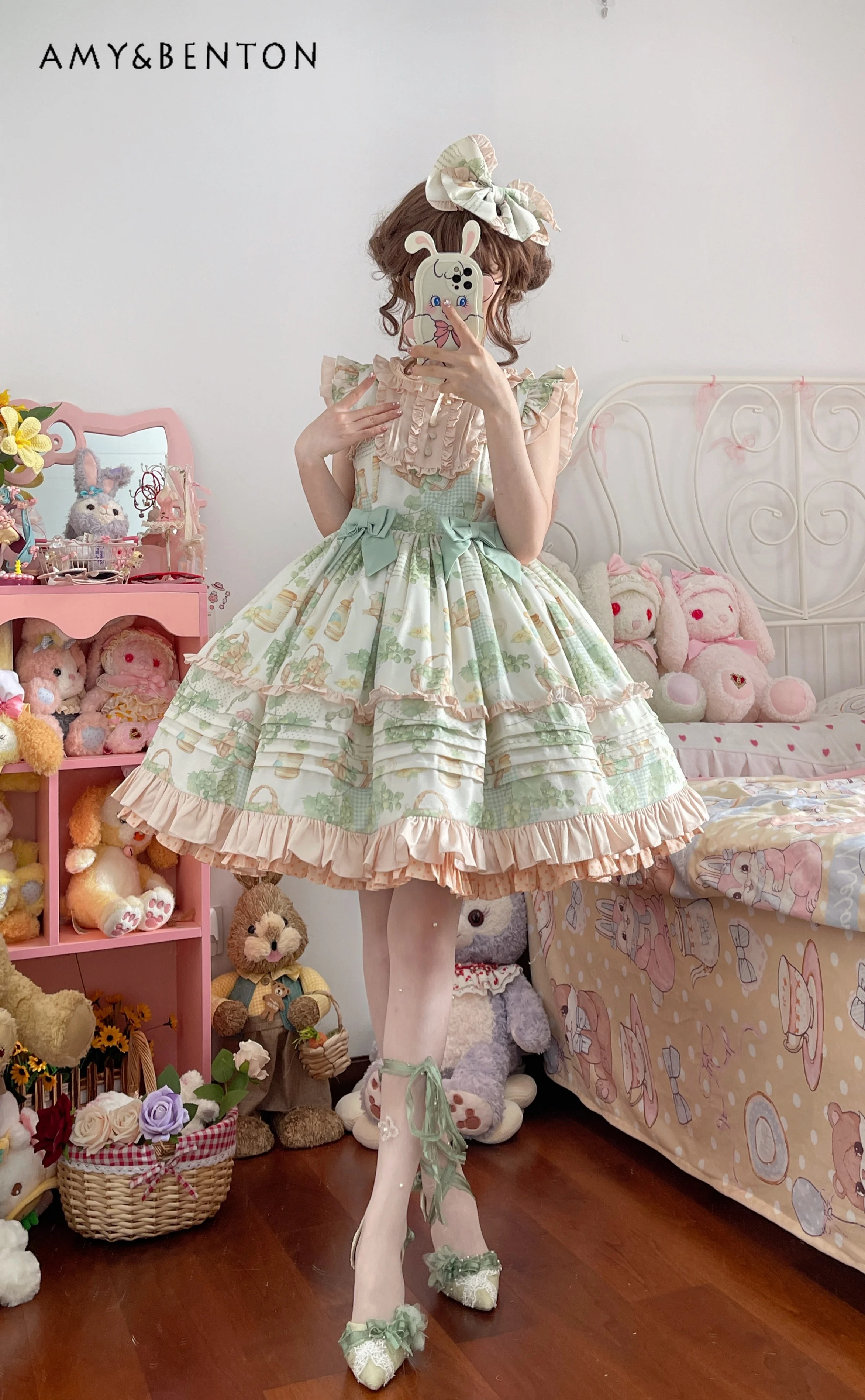 Pastoral Lolita Dress for Women Daily Summer Sweet Cartoon Print Bow Ruffle Edge Sleeveless Ball Gown Dresses Kawaii Mini Dress