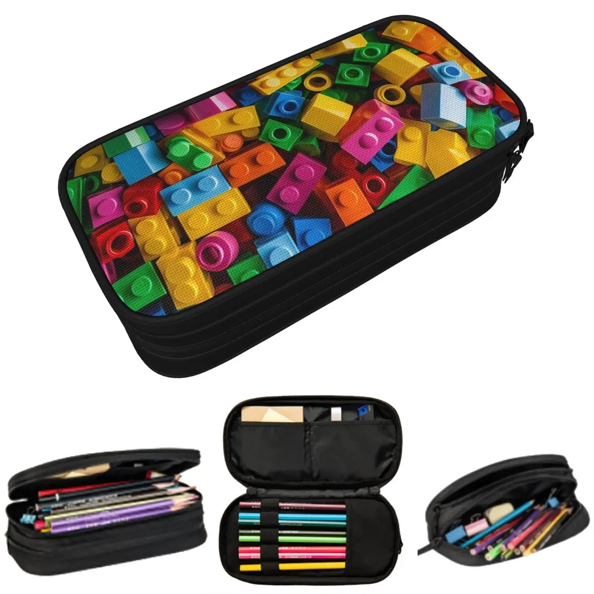 Colour Building Block Pattern Pencil Case for Kids School Pen Box Pencil Bag Stationery Supplies Pen Holder Bag