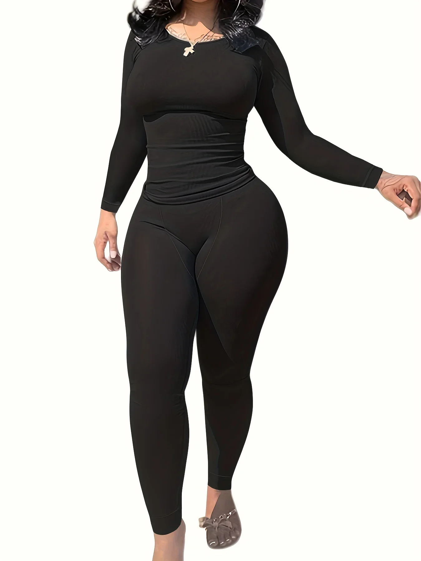 2pcs Solid Color Yoga Workout Set Long Sleeve Round Neck Top & High Stretch Running Sports Leggings Suit Women's Activewear