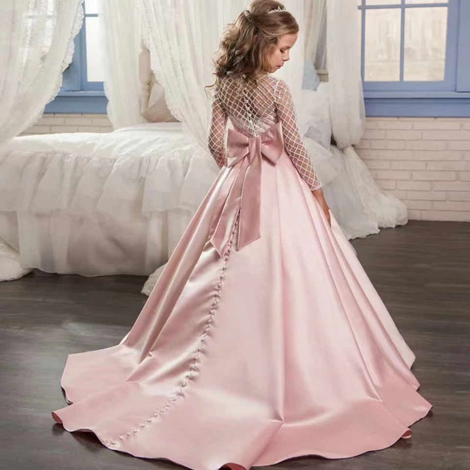 Elegante Rosa Pailletten Blume Mädchen Kleider Für Hochzeit 2023 Satin Prinzessin Vollen Ärmeln Pageant Erstkommunion Kleider Mit Bogen