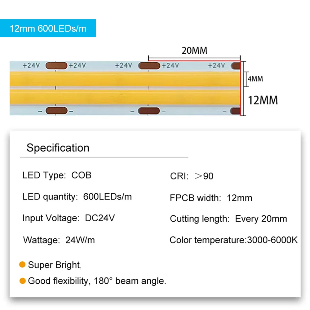 Super Bright Double Row COB LED Strip Light DC24V 600LEDs/m High Density Flexible Led Tape RA90 3000K 4000K 6500K 5m 10m