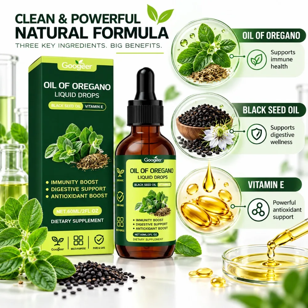 Oregano Oil Liquid Drops 60ml with Black Seed Oil Vitamin E Natural Herbal Supplement for Immune and Digestive Wellness Support