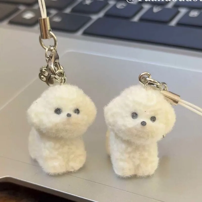 1/2Pcs Flocked Dog Kawaii Puppy Keychain 3D Little Plush Animal Pendant Backpack Car Keyrings Charms Hangs Decor Accessories