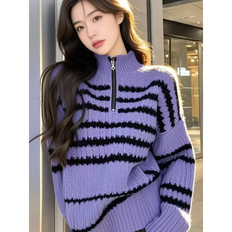 

Универсальный новый фиолетовый полосатый свитер на молнии для женщин, осенне-зимний толстый свободный вязаный повседневный модный топ