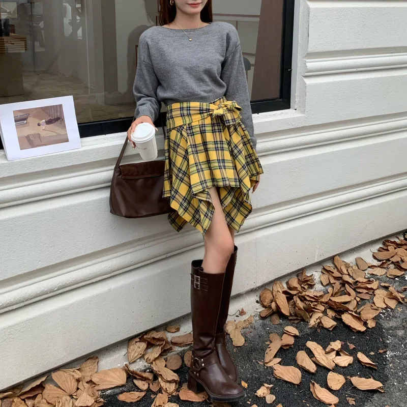 Autumn New Irregular Grid Short Skirt with Elastic Waist Grid Tie Strap