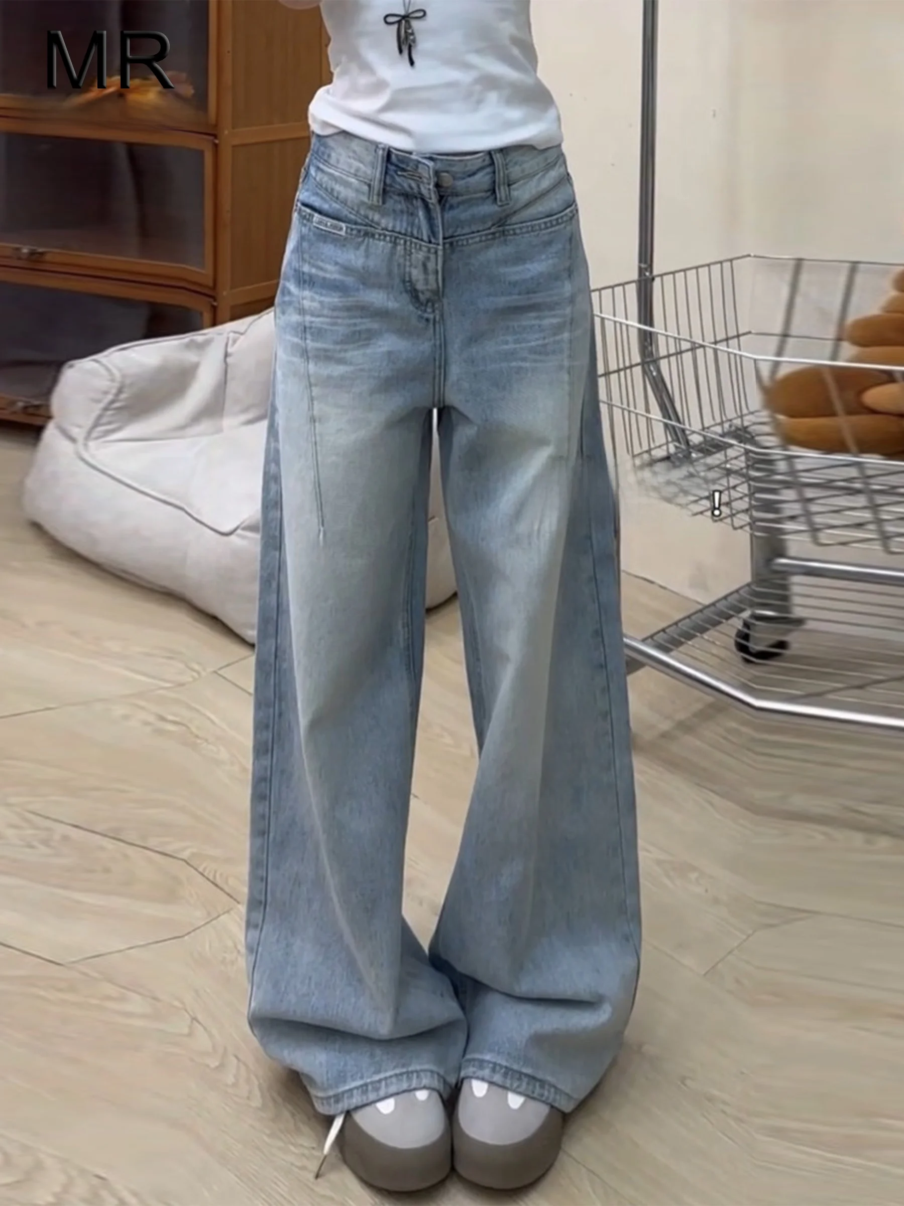 

Женские джинсы в американском стиле с высокой талией и широкими штанинами, свободного кроя, летние, повседневные, прямые, длинные брюки из денима с эффектом потертости