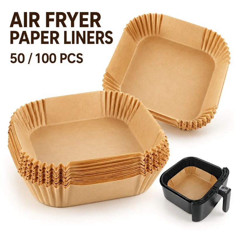 50/100PCS Brown Air Fryer Paper Liners Disposable Baking Tray Liners for Microwave Ovens Chicken Wings Egg Tarts Roasting