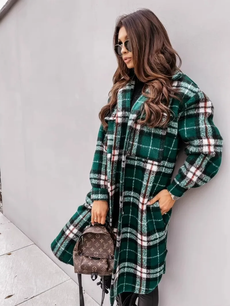 Autumn &winter Fashion Button Style Coat Checkered Printed Long Sleeved Shirt Jacket Elegant Comfortable Commuting Streetwear