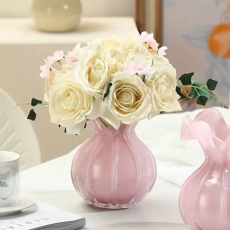 

French Medieval High-grade Pink Spray Vase Luxury Ornaments Glass Flower Arrangement Water Flowers Table Niche Flower Device