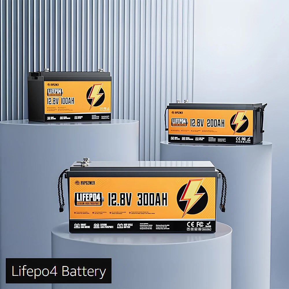 RVPOZWER12V Lithium Battery 100AH 200AH 300AH Nominal Capacity LiFePO4 1280/2560/3480WH BMS Portable Rechargeable 25000Cycles