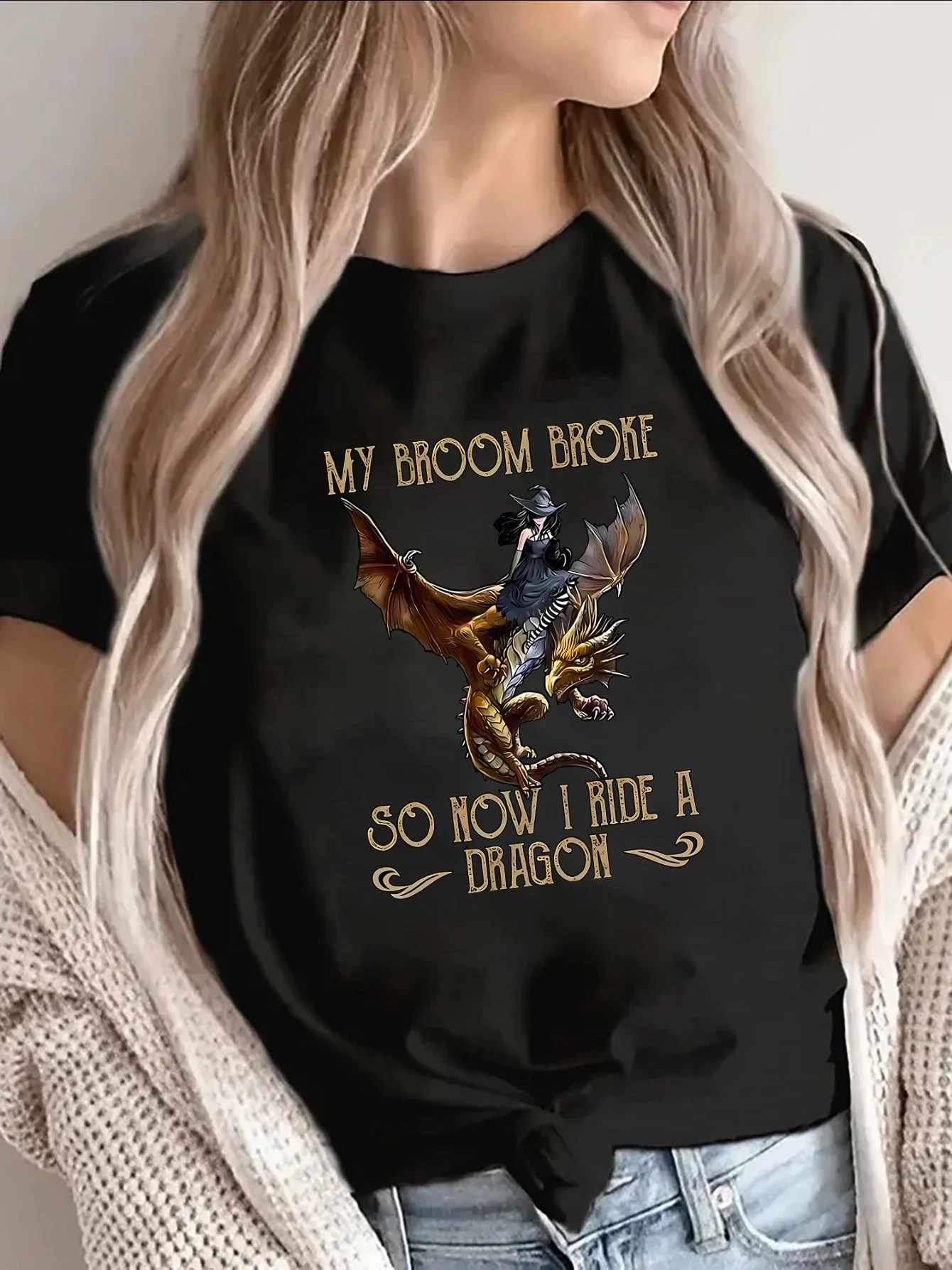 Lightweight short-sleeved T-shirt featuring a dragon design and the humorous quote: 