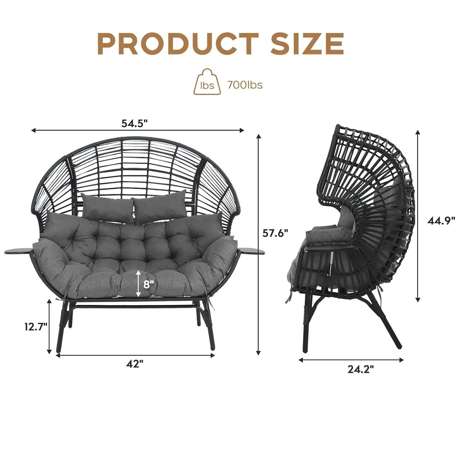 Double Egg Chair for 2, Outdoor Indoor Wicker Loveseat with Cup Holder & Rain Cover, 700 lbs Capacity, All Weather Patio Swing