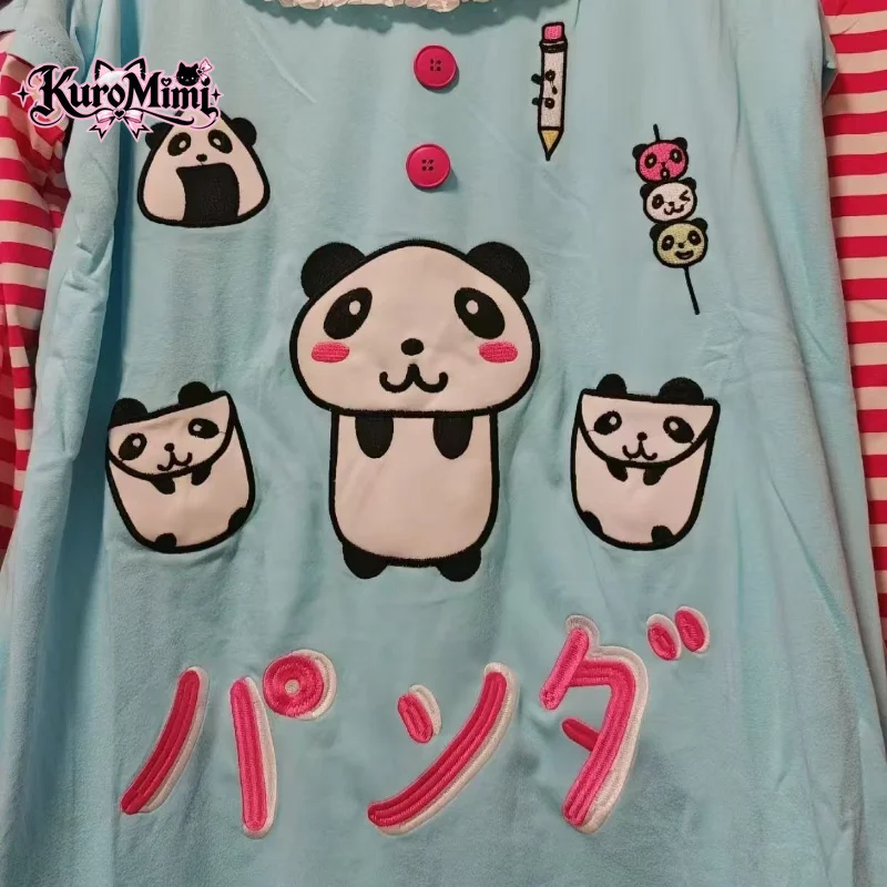 Y2K Harajuku Kawaii Panda Graphic Print Layered Striped Long Sleeve T Shirt Women Ruffle Trim Hem Loose Fit Casual Streetwear