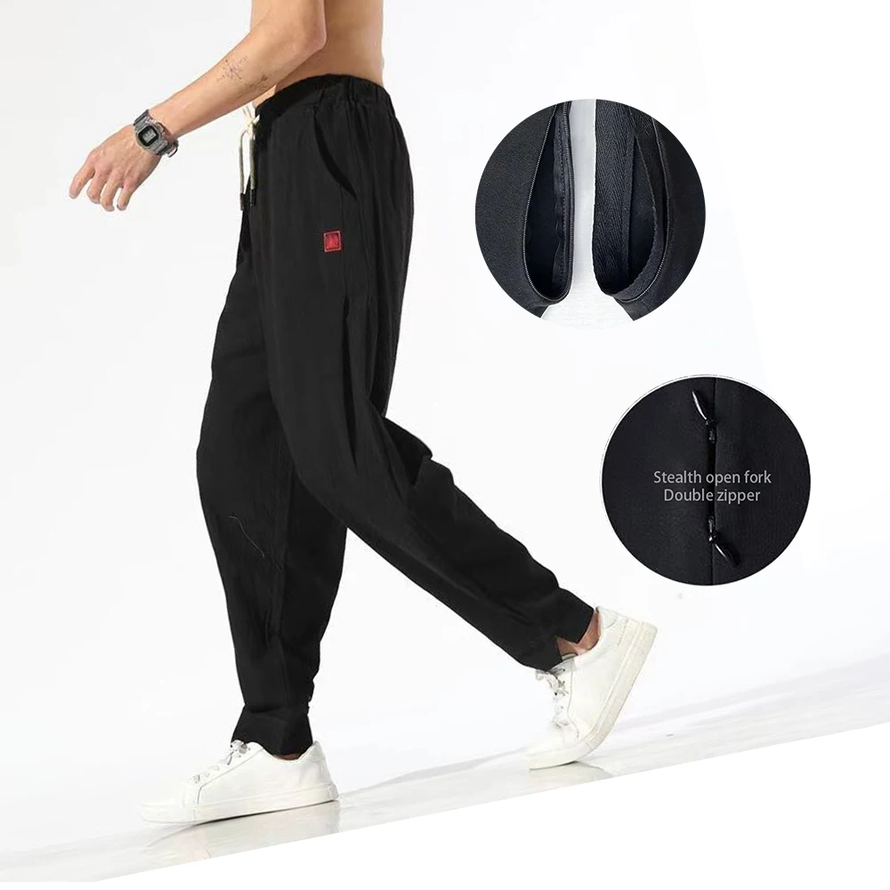 

Невидимые мужские хлопковые льняные брюки с открытой промежностью, модные повседневные брюки, модные экзотические брюки с девятью точками