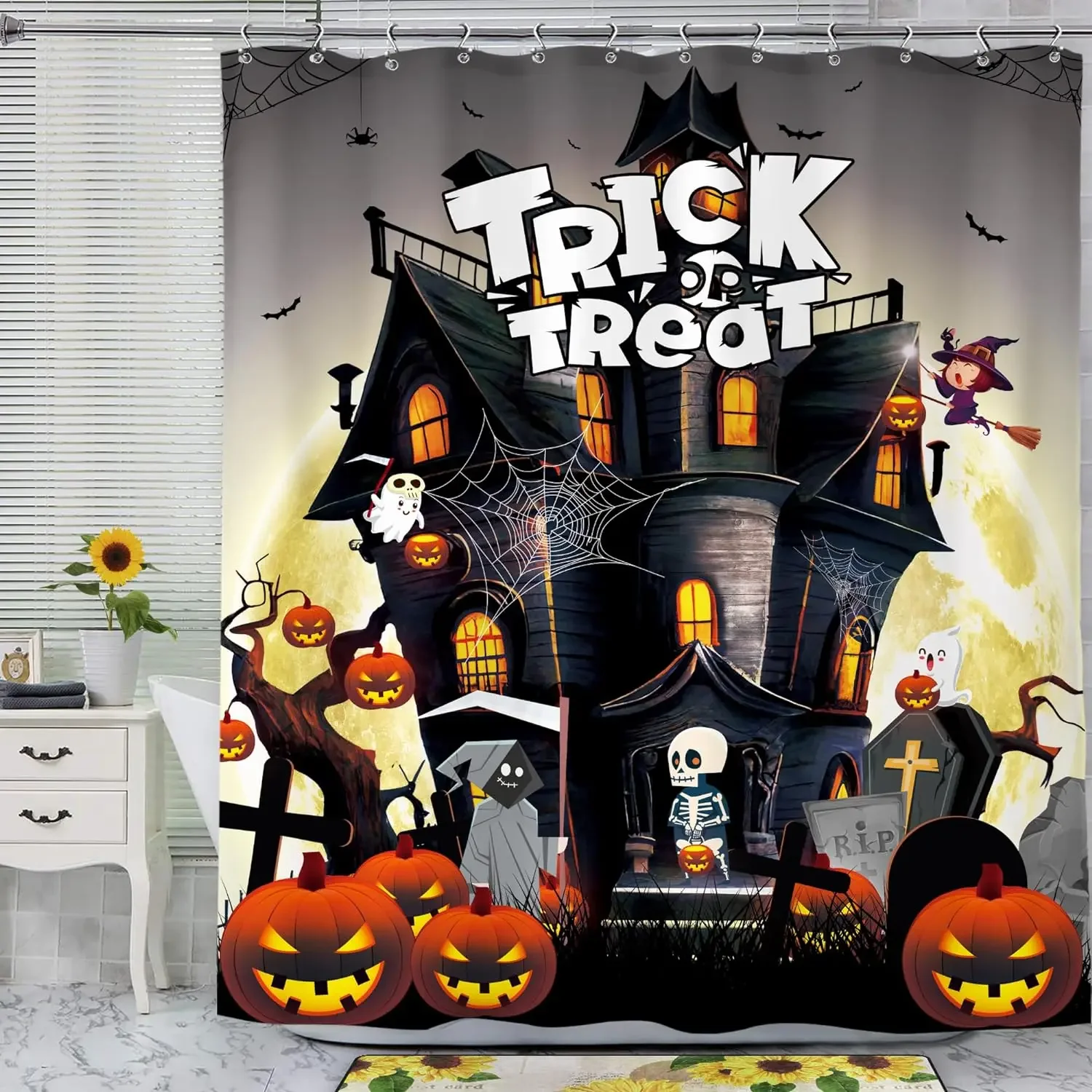 Halloween Skeleton Shower Curtain Floral Plant Creative Butterfly Castle Spooky Pumpkin Bat Home Polyester Fabric Bathroom Decor