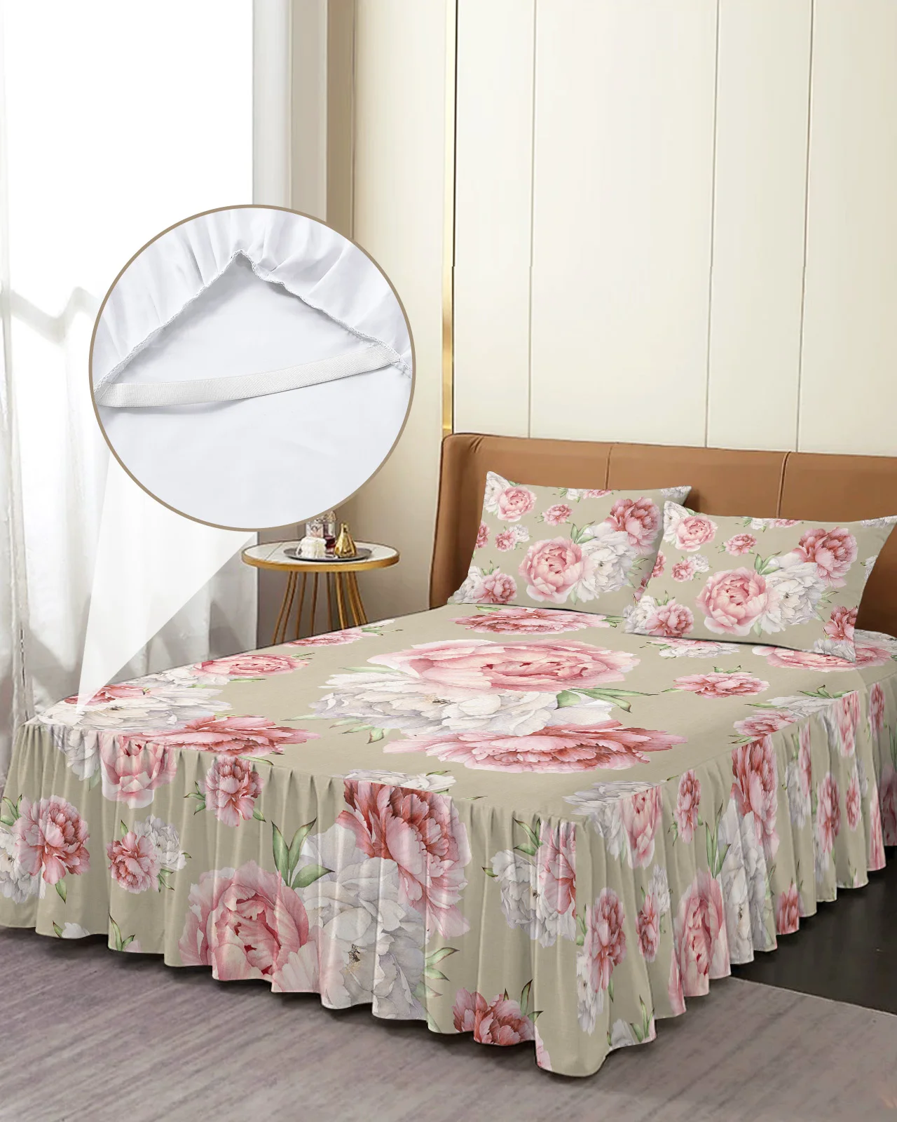 Vintage Pink Flowers Peony Bed Skirt Elastic Fitted Bedspread With Pillowcases Mattress Cover Bedding Set Bed Sheet