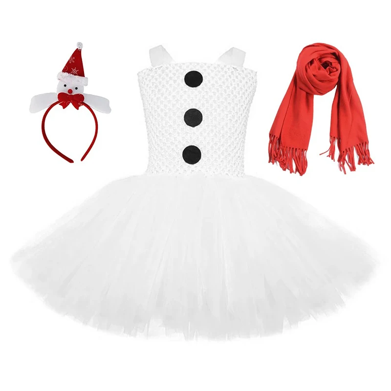 Girls Snowman Costume with Scarf and Hat Headband White Tutu Dress Christmas Dress Up Clothes Gifts