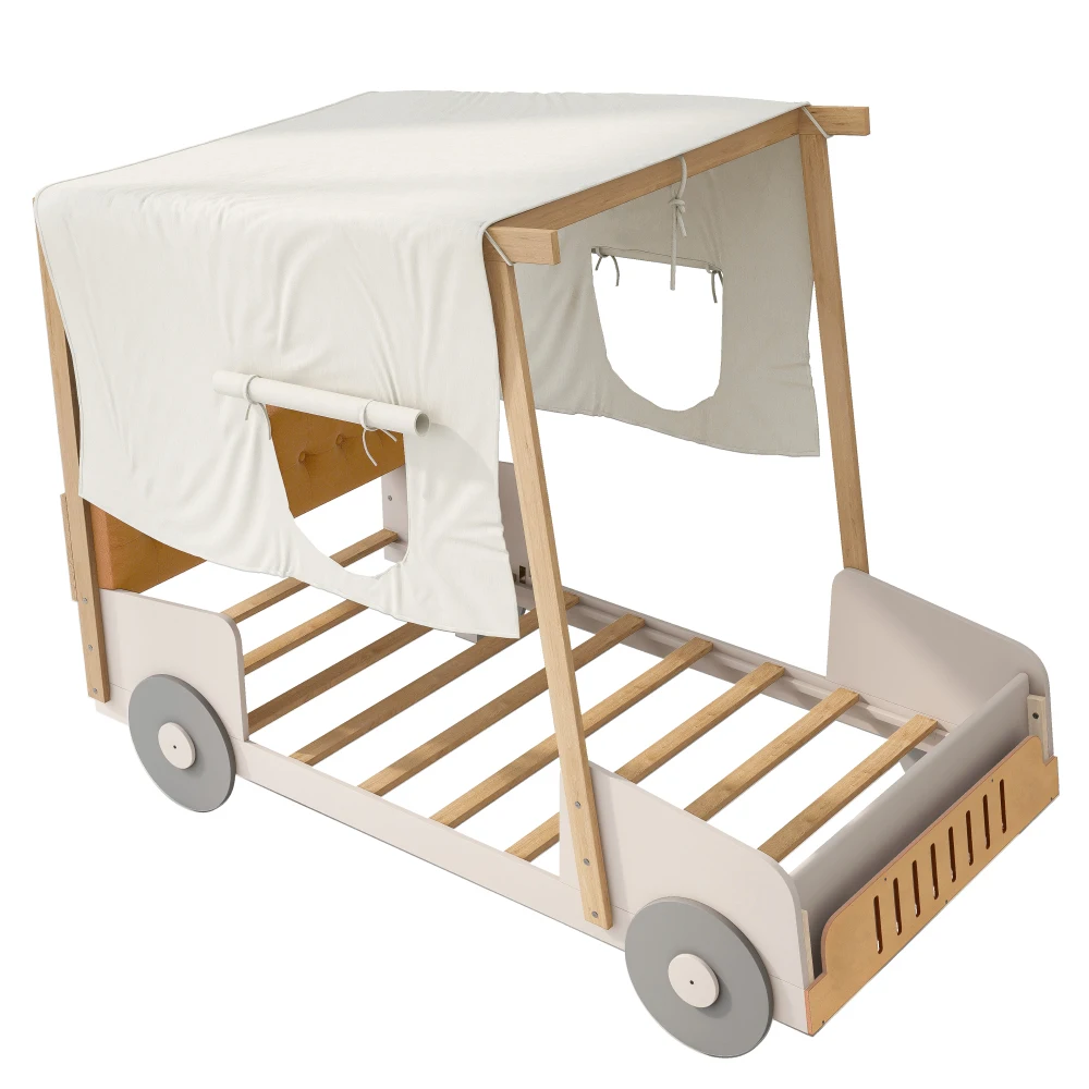 

Wood Twin Size Car Bed with Pillow, Ceiling Cloth, Natural beds for kids bunk beds for kids