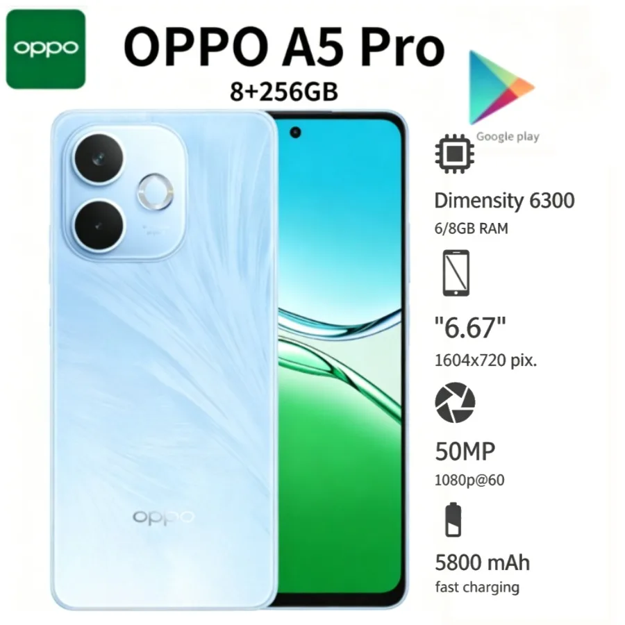 2026 (Latest Model) OPPO A5 Pro Global Edition Smartphone: 8+256GB, 6.67-inch display, 5800mAh battery, 50-megapixel camera,