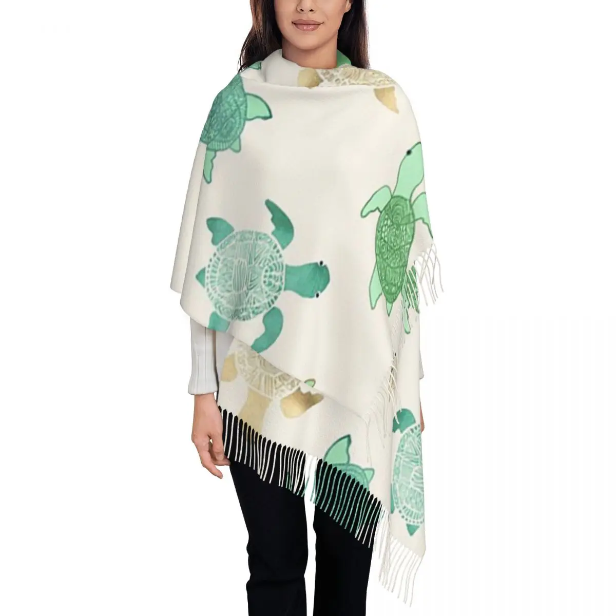 Gilded Jade and Mint Turtles Scarf Tassel Scarves for Women Soft Warm Shawls and Wraps Long Fall Winter Shawl Wrap