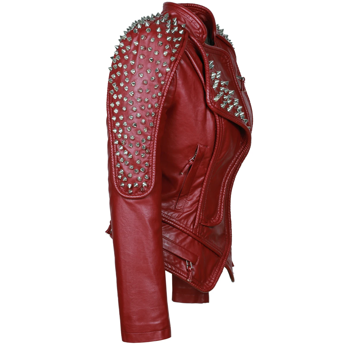 Fashion SX Women\'s Decorative Rivet Large Tight Coat Singer Motorcycle Racing Bicycle PU Jacket