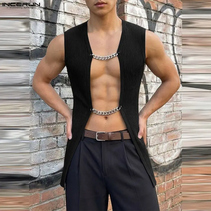 INCERUN Herren Tanktops Einfarbig Open Stitch Sommer Herrenwesten Cardigan Streetwear 2026 Ärmellose Sexy Mode Tops Herrenkleidung