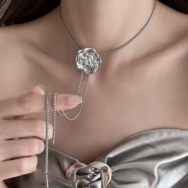 Liquid Metal Silver Color Rose Flower Tassels Necklace for Women Fashion Accessories Adjustable Clavicle Chain Charm Jewerly