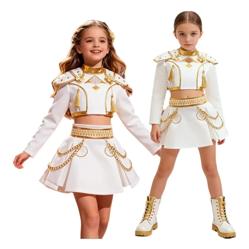 Kids Girls White‑Gold Fancy Cosplay Kit Shoulder Pads Chain Skirt for Halloween Birthday Theme Party Carnival Role‑Play Outfit