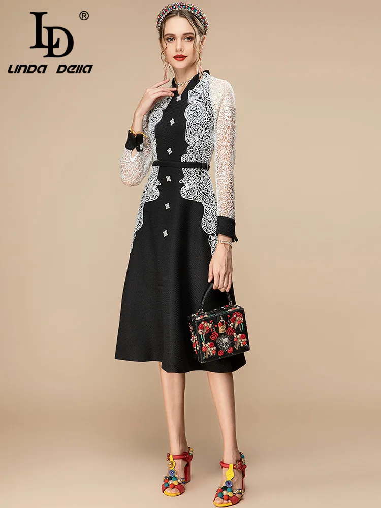 LD LINDA DELLA 2023 New Designer Spring Dress Women V-Neck Hollow out Embroidery Patchwork Lady Black Midi Dresses