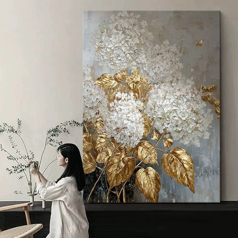 Beautiful Art Wall Picture Pure White Hydrangea Flower Handmade Abstract Oil Painting Canvas Gold Leaf Hanging Poster For Room