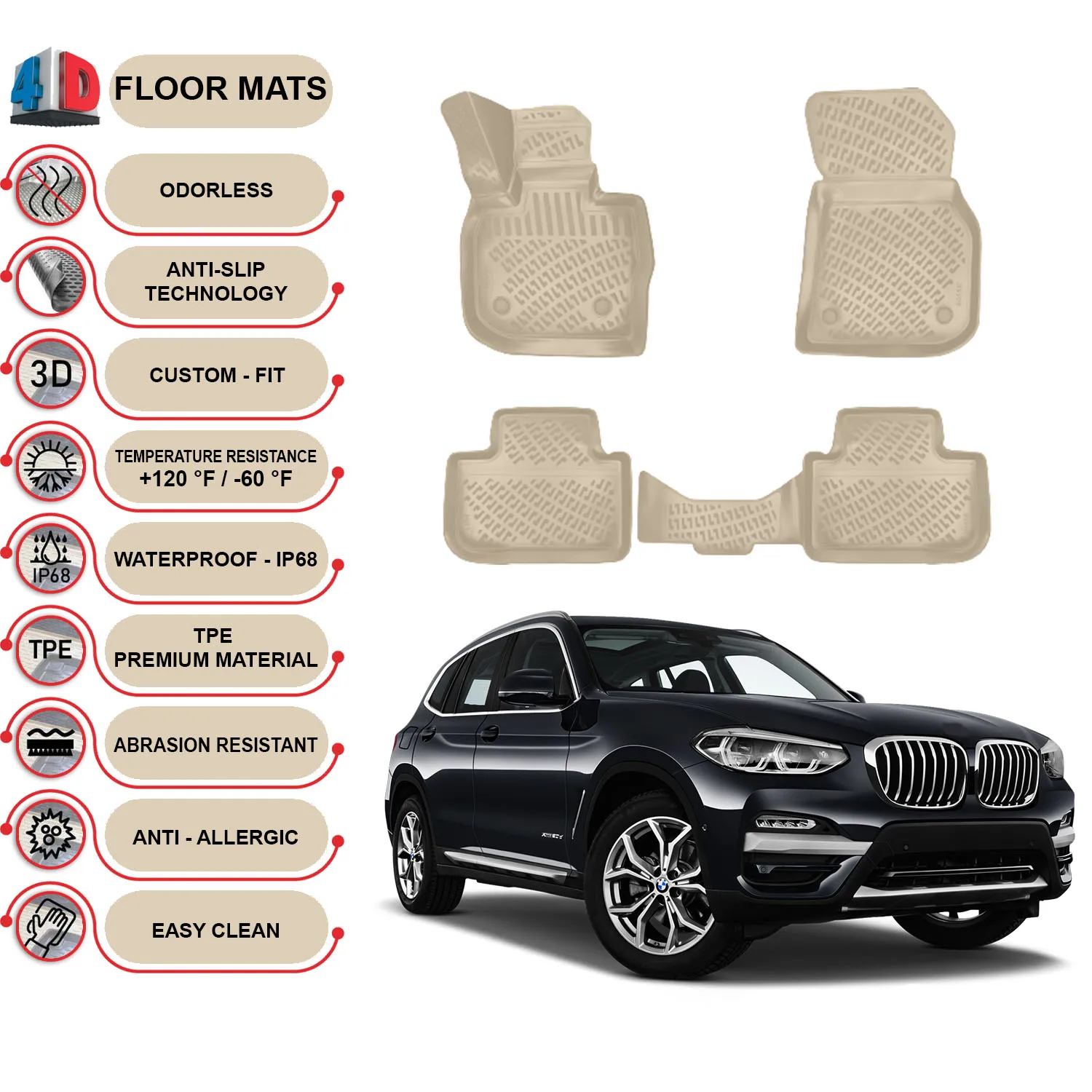 BMW X3 - (2017-2022) Floor Mats Liner Waterproof 3D - (Beige)