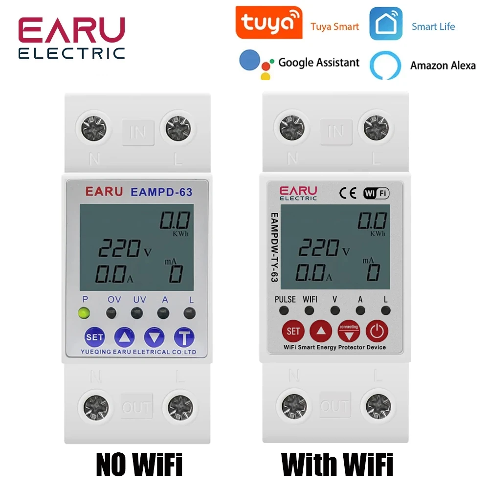 Tuya WiFi Smart Energy Meter 230V corrente regolabile protezione dalle perdite di terra Over Under Voltage Protector Relay Device Breaker