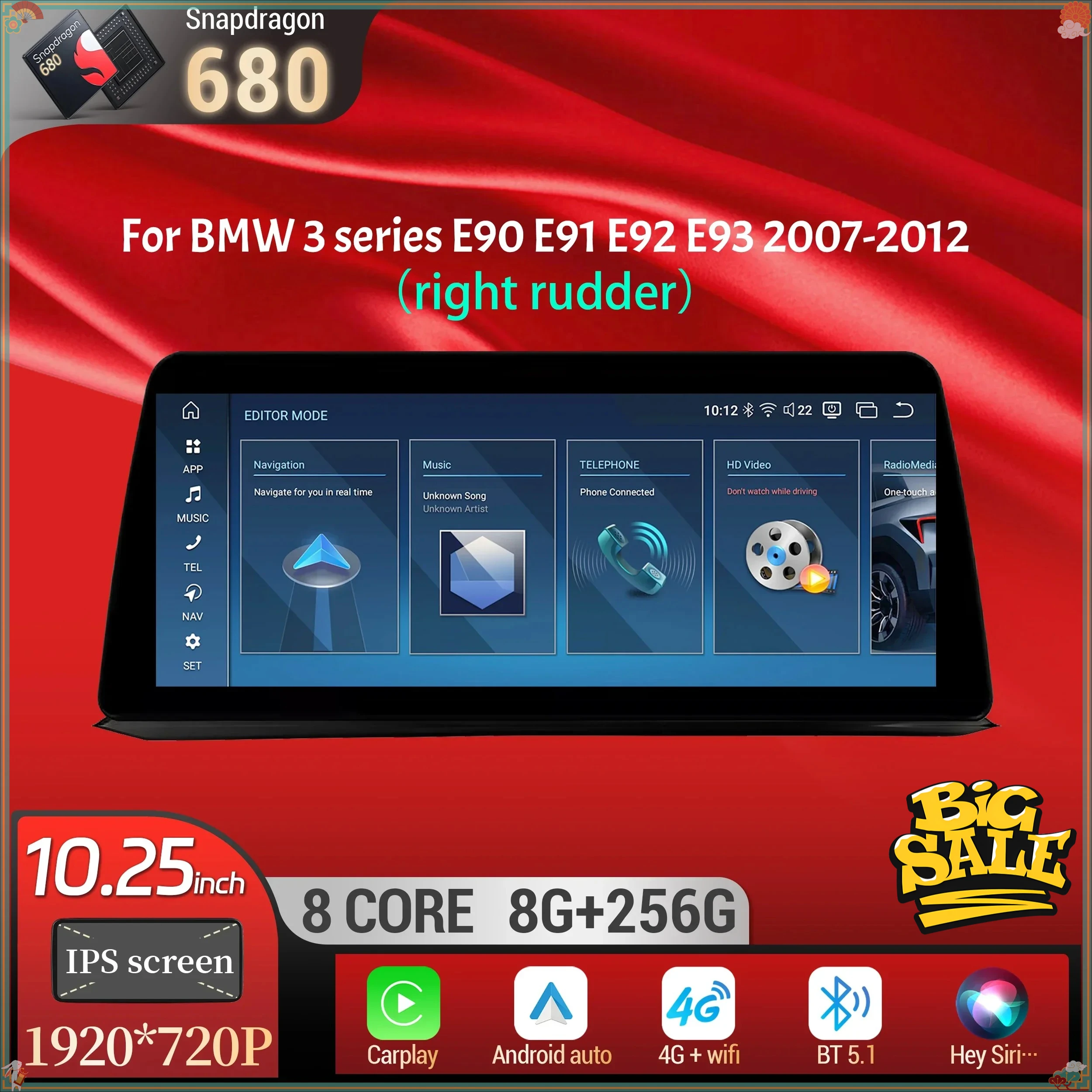 10.25 inch For BMW 3 series E90 E91 E92 E93 2007-2012 Right Hand Drive Android 14 Car Radio Carplay Snapdragon 680 Touch Screen