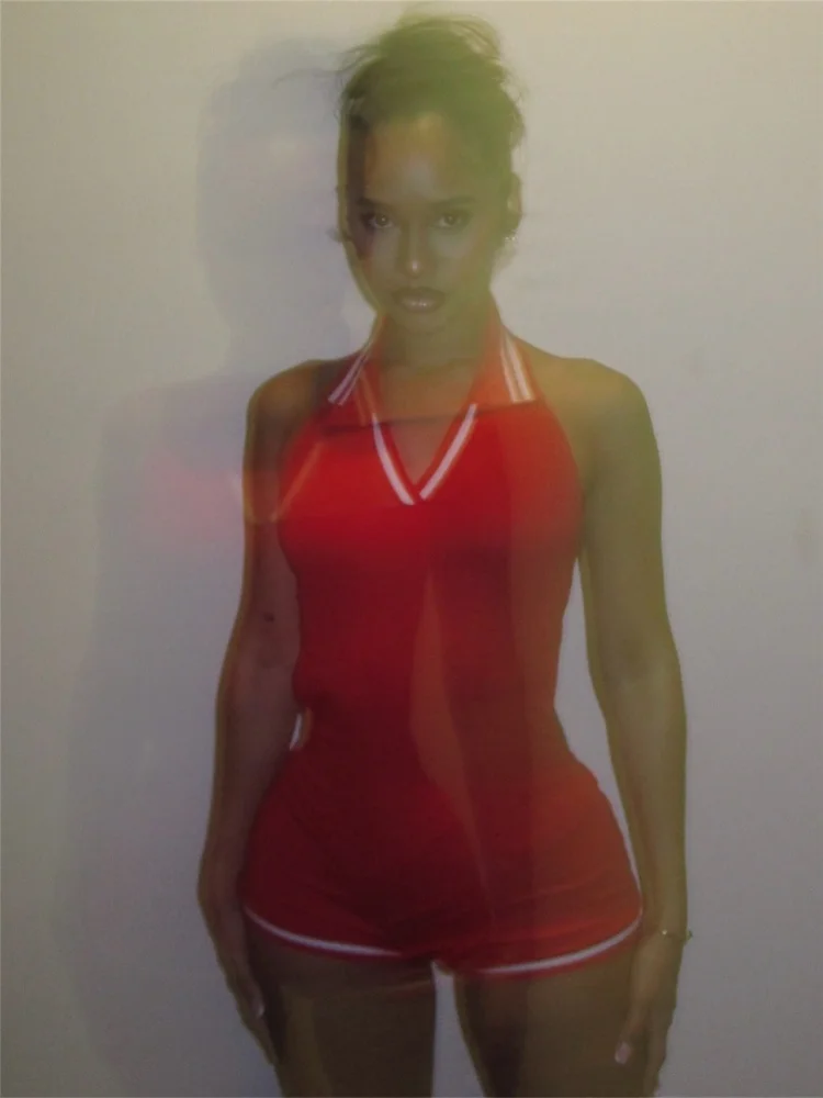 Kliou ลาย Casual ผู้หญิง Playsuits ฤดูร้อน Active Halter V คอ Backless Elastic Rompers หญิงแนวโน้ม Sporty One Piece