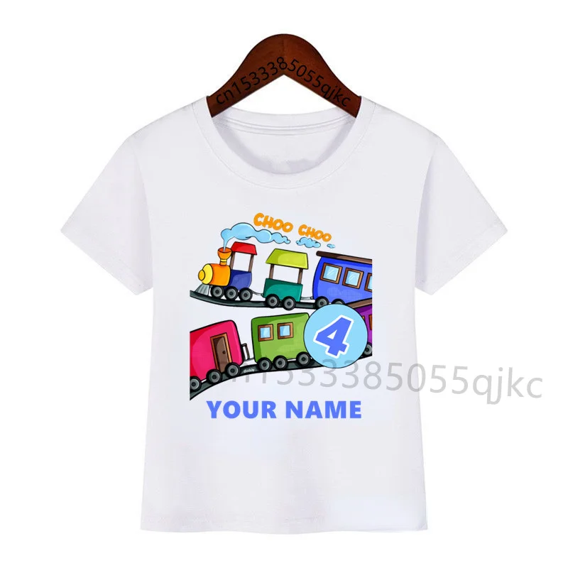 Branco trem aniversário camiseta para menino e menina, nome personalizado e número