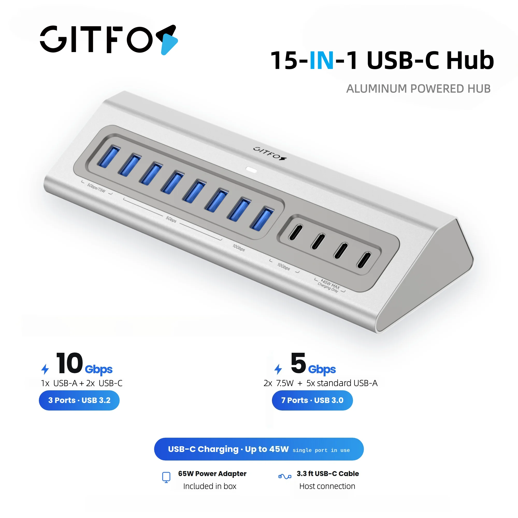 GITFOS 15 in 1 USB C Hub 8 USB-A 10Gbps USB 3.2 PD 100W Fast Charge 45W for MacBook Pro Air Laptop PC 65W Adapter 1m Cable