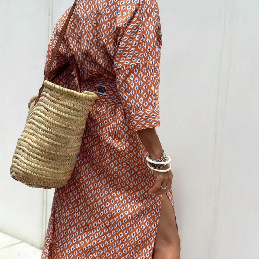Retro Women Summer Striped Midi Dress Casual Lapel Collar Five Sleeve Loose Fit Button Up A Line Fashion Dresses
